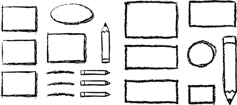 Set of hand drawn sketch frames boxes and pencils for creative note taking and design projects.