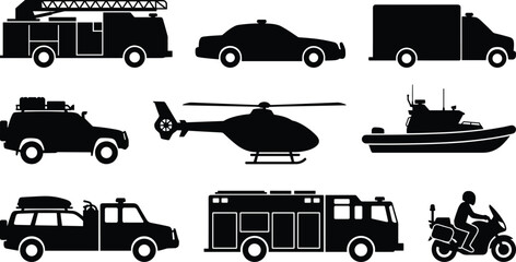 Emergency Services and Rescue Vehicles Silhouette Set Featuring Fire Truck Police Car Helicopter and BoatEmergency Services and Rescue Vehicles Silhouette Set Featuring Fire Truck Police Car  © MdRasel