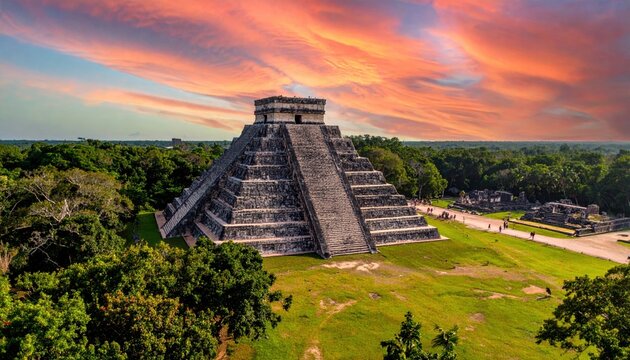 Ancient Mayan pyramid Chichen Itza majestically stands against a vibrant sunset sky surrounded by lush green landscape