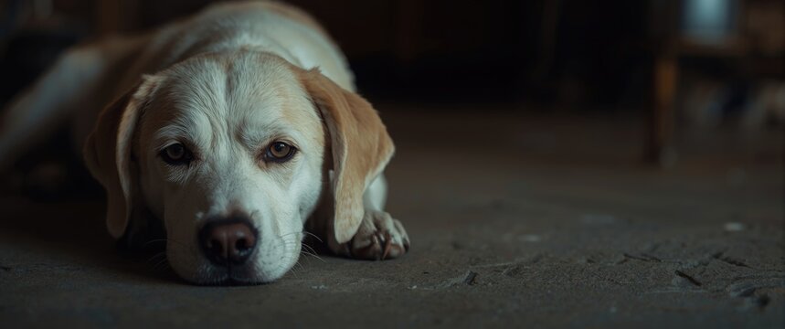 Sad expression of a young crossbreed dog with white fur on garage floor