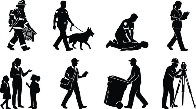Essential Public Workers and Community Occupations Silhouette Vector Icon Set Featuring Firefighter Police Nurse and Mail Carrier