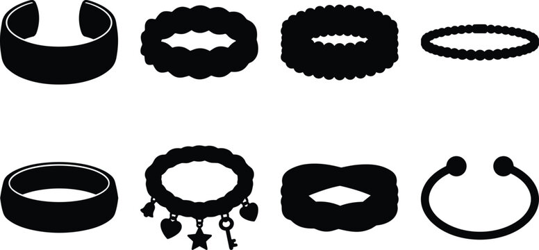 Fashion Bracelets and Bangles Vector Icon Set Featuring Diverse Wrist Jewelry and Charm Designs