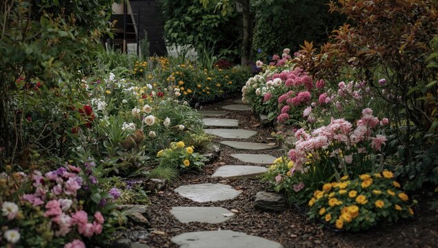 Meandering stone path through a home garden filled with fragrant flowers