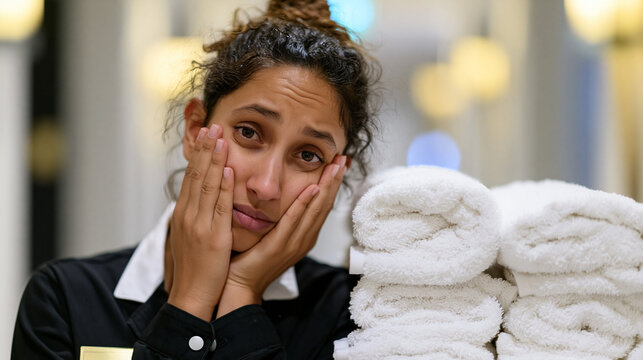 Retrato de uma jovem camareira de hotel exausta e triste, segurando o rosto com as m&atilde;os ao lado de toalhas limpas. Conceito de s&iacute;ndrome de burnout, sobrecarga de trabalho e sa&uacute;de mental na hotelaria.