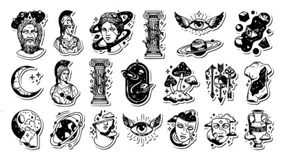 Fototapeta premium Abstract Greek statue and cosmic sticker pack vector psychedelic set