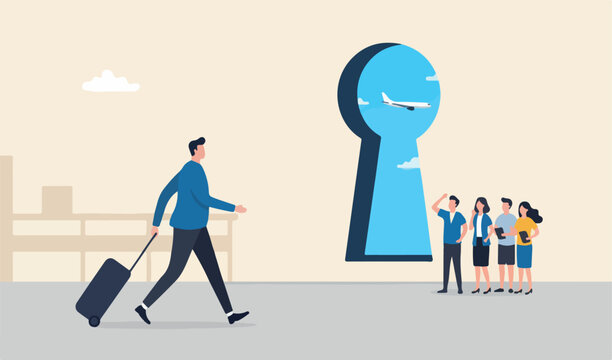 Air travel tourism COVID-19 Coronavirus to concept, businessman traveller luggage to walk biman airport team meeting looking into keyhole by people flying airplane outside