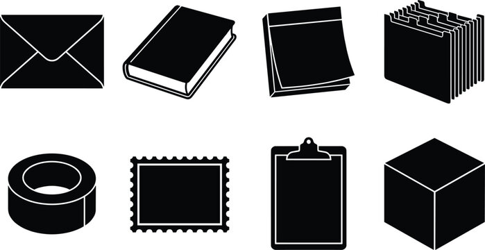 Office Supplies and Stationery Silhouette Vector Icon Set Featuring Envelope Notebook Sticky Notes Clipboard and Mail Stamp