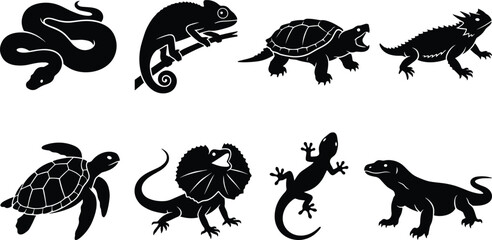 Reptiles and Amphibians Silhouette Vector Icon Set Featuring Snake Chameleon Turtle Lizard and Gecko Icons © MdRasel