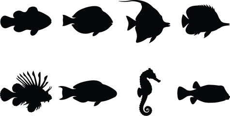 Sea Fish and Marine Life Silhouette Vector Set Featuring Clownfish Lionfish Seahorse and Angelfish Icons © MdRasel
