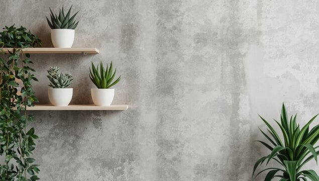 Neutral colored shelving wall featuring succulent foliage and a subtle concrete wall backdrop suitable for virtual office use