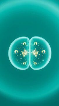 3D render of cell division process under microscope on teal background.