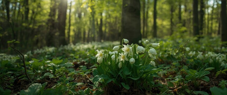 Fresh spring forest environment with abundant Helleborus niger floral growth