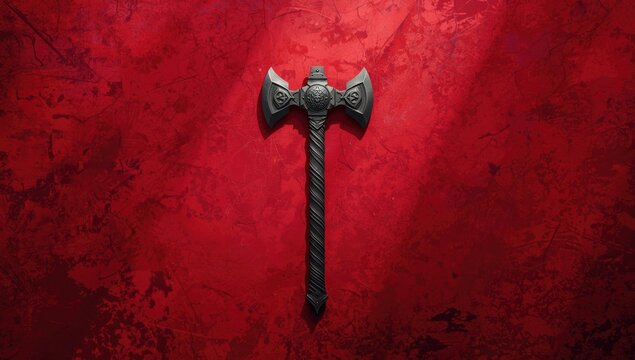Black double-headed axe against a red background
