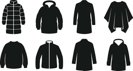 Winter Outerwear and Cold Weather Jackets Silhouette Vector Set Featuring Down Coat Puffer Parka and Poncho © MdRasel