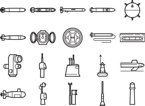 A collection of various marine military equipment and naval mines in line art style. This infographic displays different types of torpedoes, submarine components, and navigation aids.