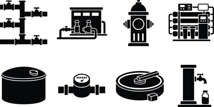 Water Supply Infrastructure and Wastewater Treatment Silhouette Vector Icon Set Featuring Pipes Fire Hydrant Meter and Storage Tank