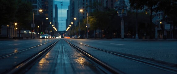 Fototapeta premium Still tram rails on a calm nighttime city street