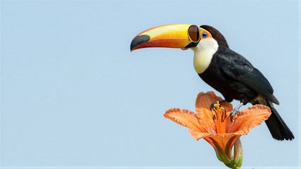Fototapeta premium Vibrant toucan perches gracefully on an orange flower against a soft blue sky.