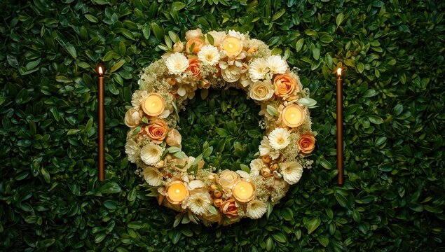 Litha sabbat flower wreath adorned with shining candles on a thick green foliage background
