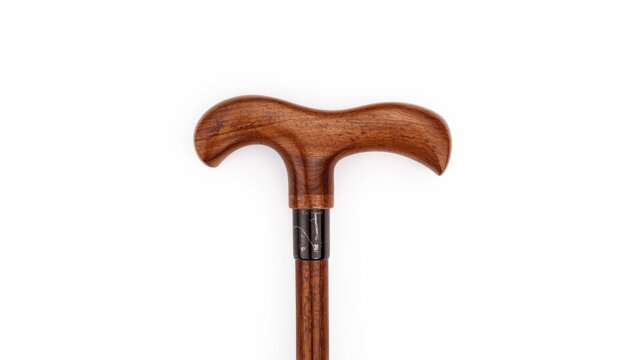 Wooden cane with curved handle on white background