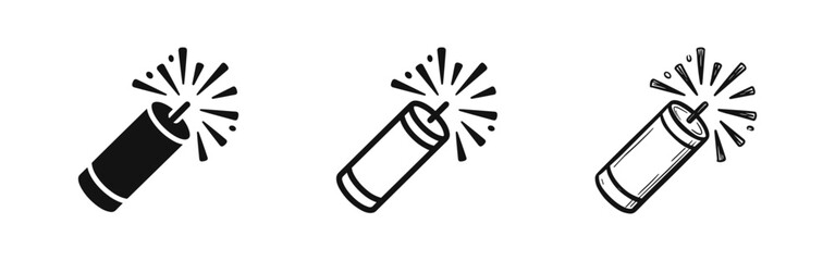 Firecracker Dynamite Icon Set, Explosive TNT Stick with Burning Fuse in Outline and Sketch Styles © drawing lines