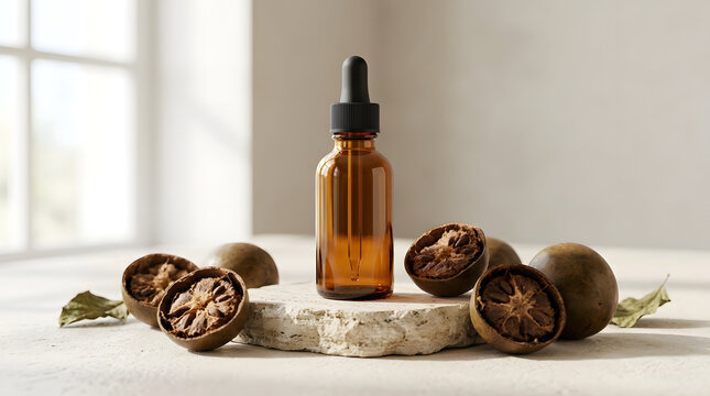 An amber glass dropper bottle mockup on a stone podium surrounded by luo han guo monk fruit in a bright interior setting