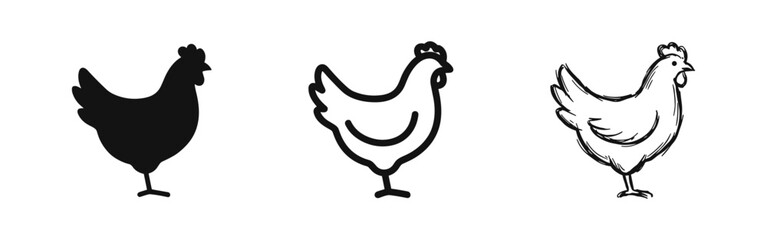 Chicken icons set, hen farm bird vector icons in glyph, line and hand drawn styles © drawing lines