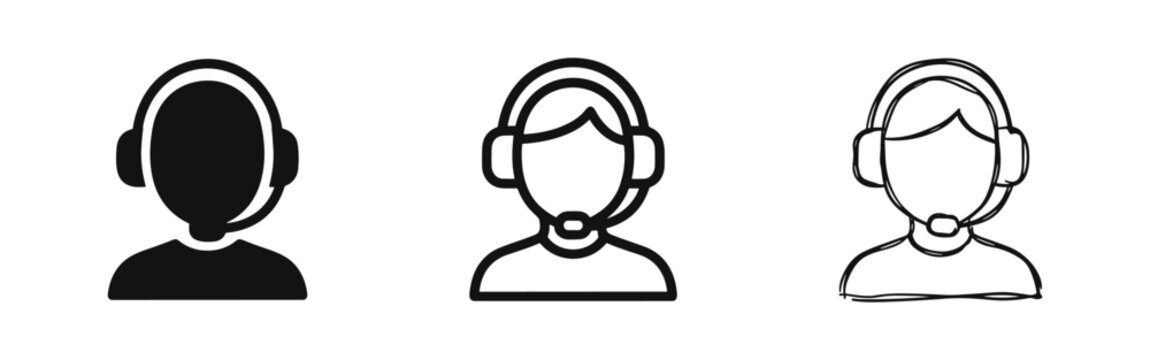 Customer service agent icon set. Support representative symbols with headset in solid, outline, and hand-drawn styles. Communication and help concept.