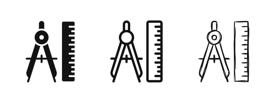 Math geometry tools icons set, compass and ruler vector icons in glyph, line and hand drawn styles