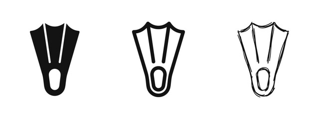Swimming flippers icon set in solid, line, and sketchy styles for diving and summer vacation themes. © drawing lines