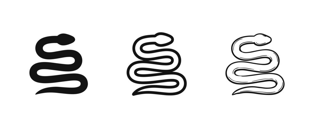 Snake icon set featuring solid, outline, and hand-drawn designs for wildlife and symbol concepts.