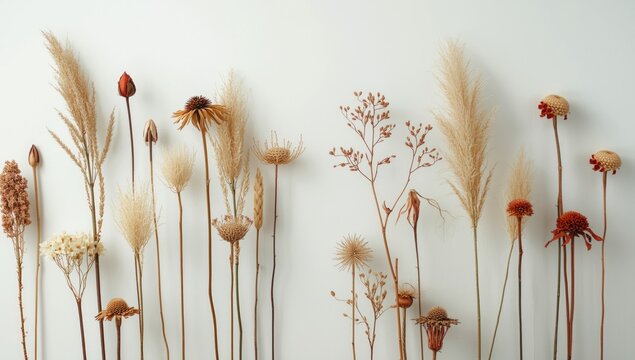 White backdrop emphasizing dried Lagurus flowers and red bunny tail accents