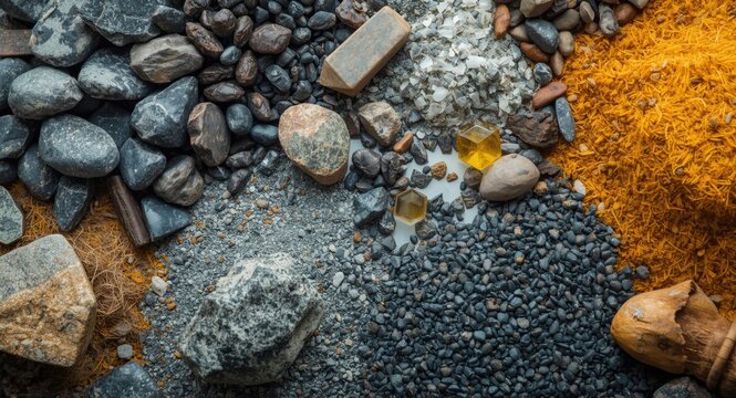Collection of vital raw materials for clean energy technologies with mining background and copy space