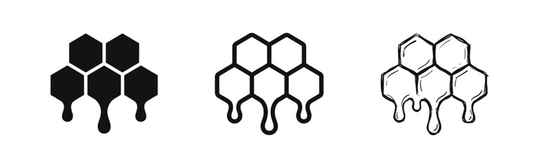 Honeycomb and dripping honey icons, representing natural sweet food, bee products, and organic concepts. © drawing lines