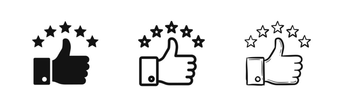 Customer satisfaction and quality rating icons with thumbs up and five stars, indicating excellent service.