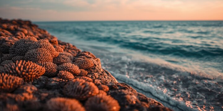 Soothing ocean edge view with sunlit barnacles and calm water at golden hour