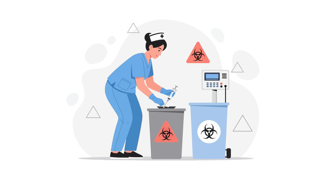Nurse disposing of biohazard waste, including syringe, into specialized bins with biohazard symbols and medical equipment.