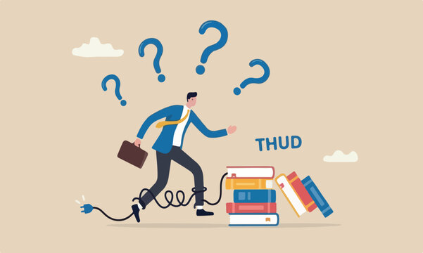Failure mistake, accident books surprise problem that impact business concept, clumsy businessman stumble with power electric plug falling on the floor