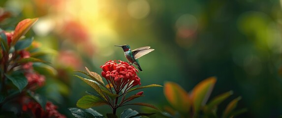 Fototapeta premium Hummingbird feeding on bright red flowers in a lush garden
