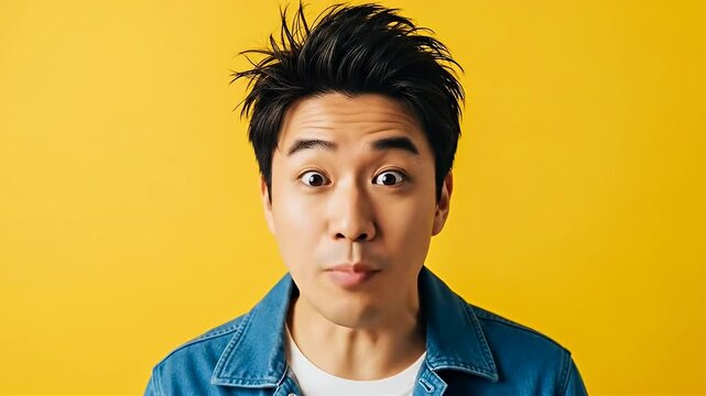 Shocked Young Asian Man with Wide Eyes Expressing Surprise on Yellow Background