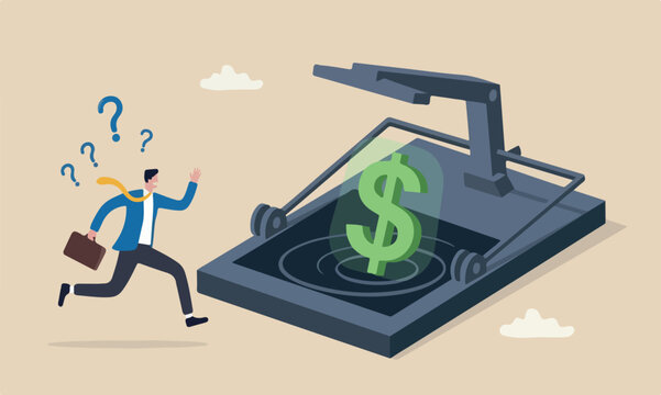 Financial money, risk in investment, ponzi scheme or business pitfall concept, businessman investor running and jumping into lore money pitfall or mouse trap with big money dollar sign bait