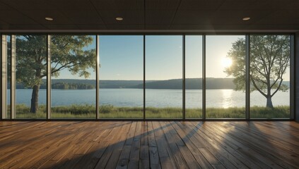 Fototapeta premium Sunlit modern office interior facing a peaceful lake in summertime