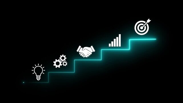 Concept of step-by-step progress, goal achievement, business strategy, career growth, milestones, planning, and effective project management. Motion graphics of progress idea.On a black backgraund.