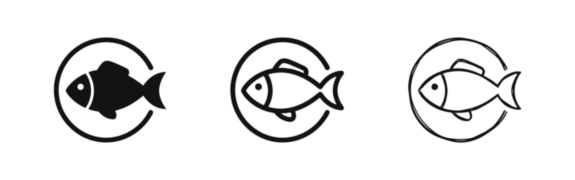 Fish in circle icon set, seafood or fishing symbols in various styles
