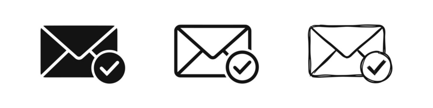 Email sent icon set, message delivered symbols with check mark