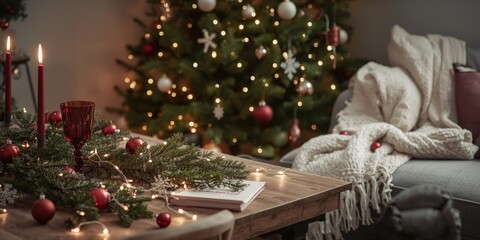 Scandinavian cozy living space with Christmas decorations including a candle adorned table and tree ornaments