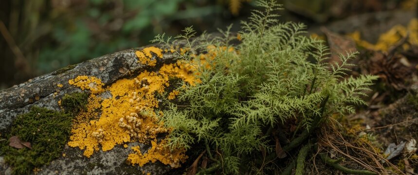 Natural texture of vivid yellow lichen paired with dense green moss on forest rock and asplenium trichomaches foliage