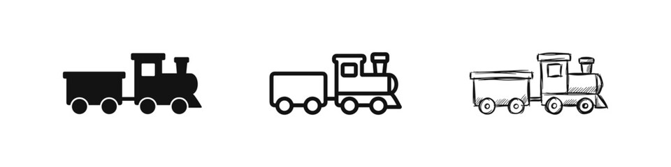 Toy train icon set in solid, outline, and hand-drawn doodle styles for children, travel, and logistics themes © drawing lines