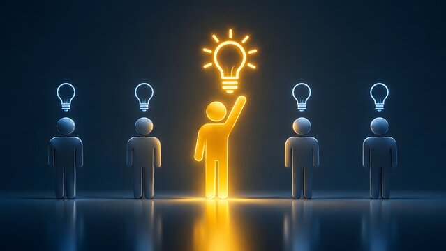Leadership and innovation concept featuring a glowing figure with a lit lightbulb standing out from the crowd in a corporate environment