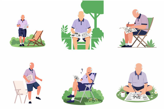 Elderly man solving crossword puzzles and brain teasers in the park set, retired senior male character enjoying leisure hobby and mental exercise flat vector illustration